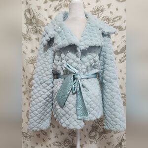 90s y2k style clueless mint blue rabbit fur jacket
